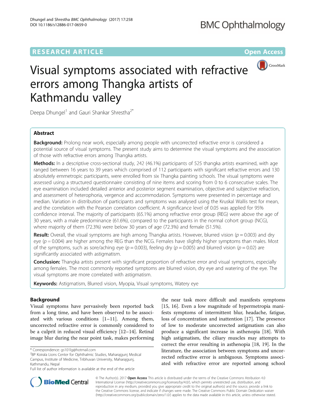 Visual Symptoms Associated with Refractive Errors Among Thangka Artists of Kathmandu Valley Deepa Dhungel1 and Gauri Shankar Shrestha2*