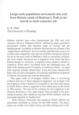 Large-Scale Population Movements Into and from Britain South of Hadrian's Wall in the Fourth to Sixth Centuries AD