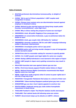 HRWF LGBTQI People & Human Rights Newsletter Table of Contents