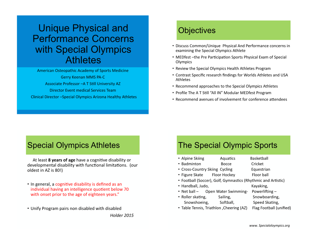 Unique Physical & Performance Concerns of the Special Olympics