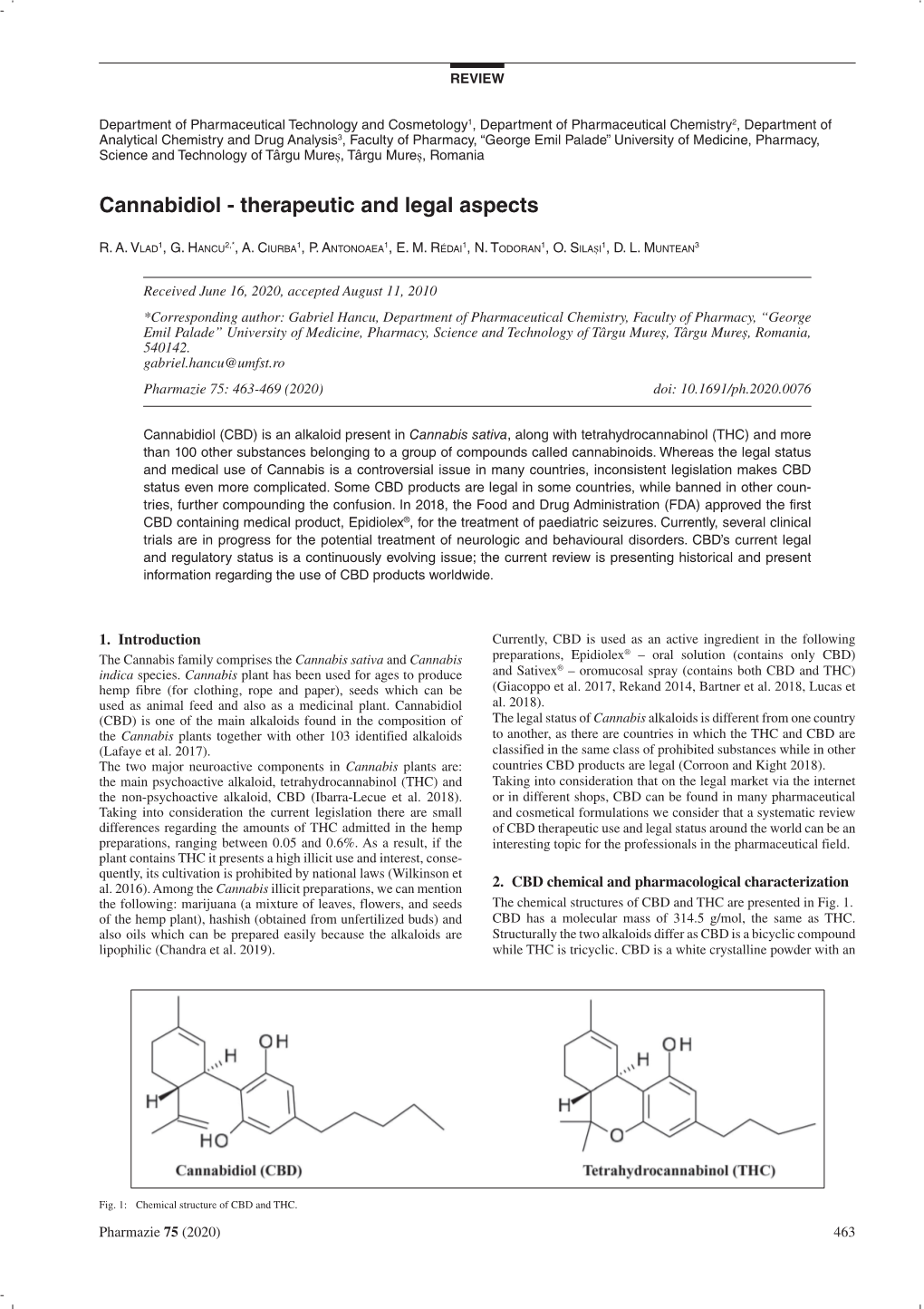 Cannabidiol - Therapeutic and Legal Aspects