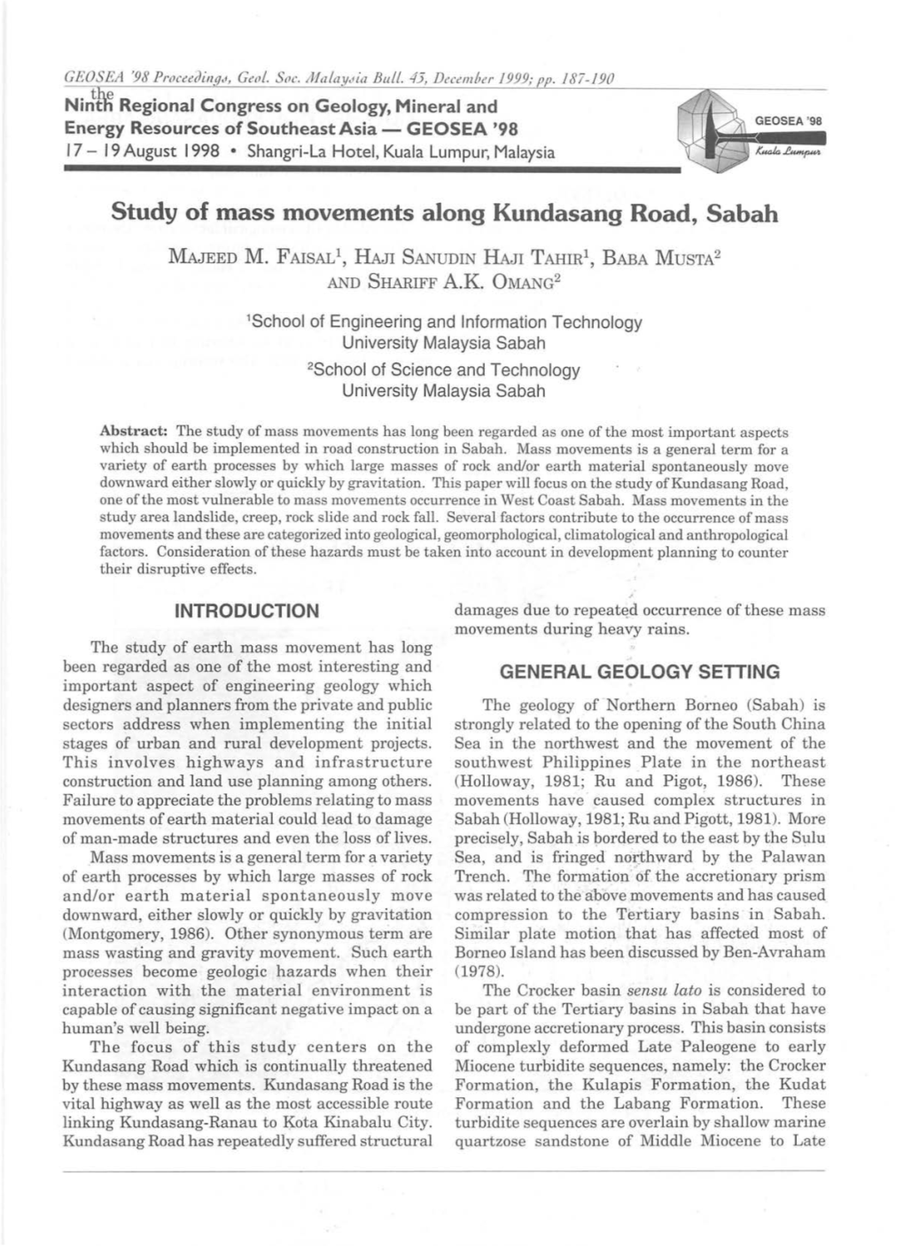 Study of Mass Movements Along Kundasang Road, Sabah