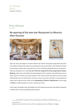 Re-Opening of the Two-Star Restaurant Le Meurice Alain Ducasse