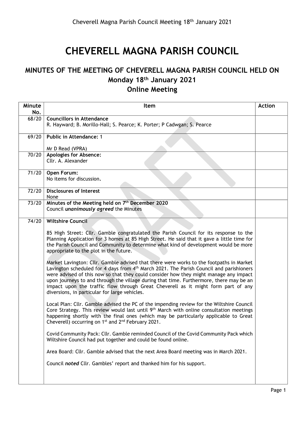 Cheverell Magna Parish Council Meeting 18Th January 2021