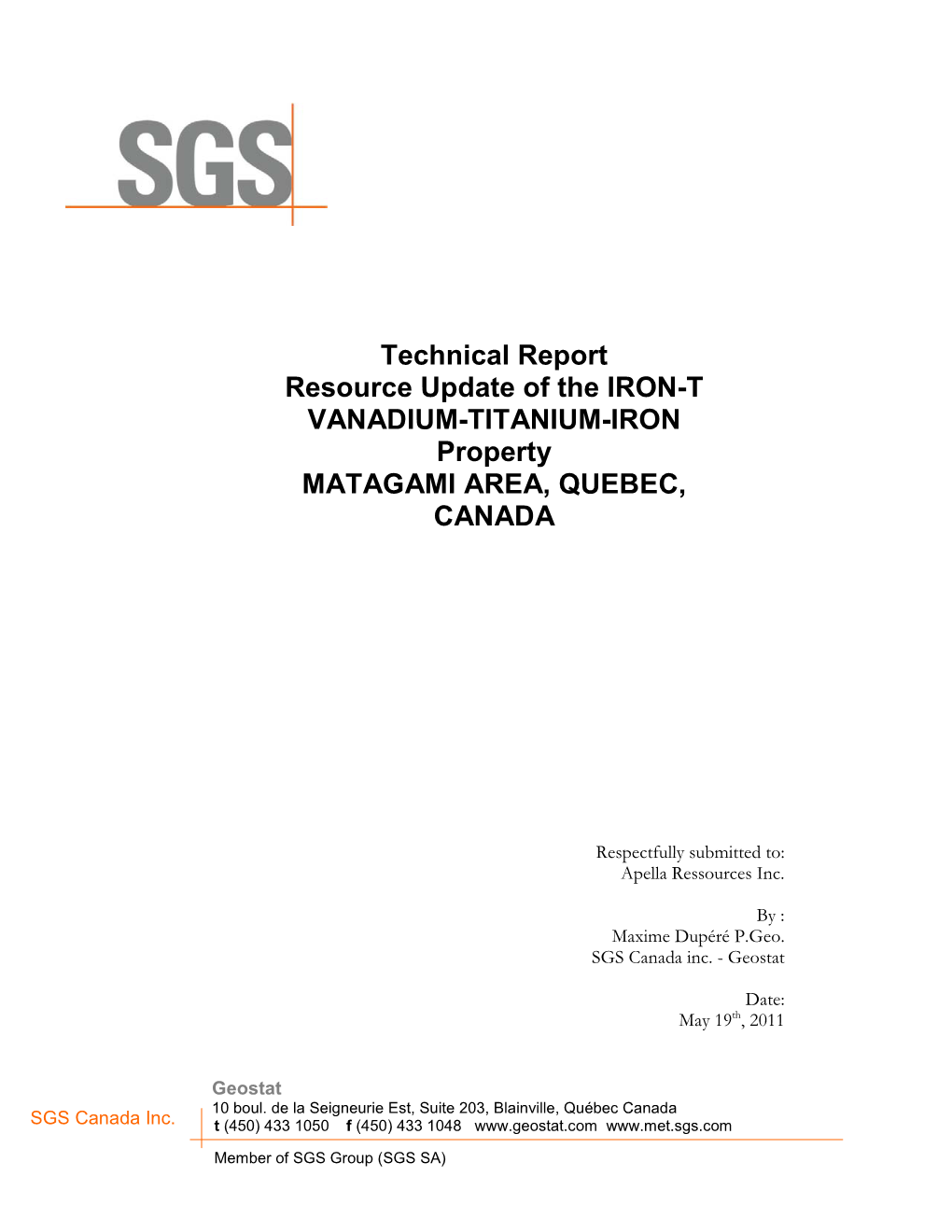 Technical Report Resource Update of the IRON-T VANADIUM-TITANIUM