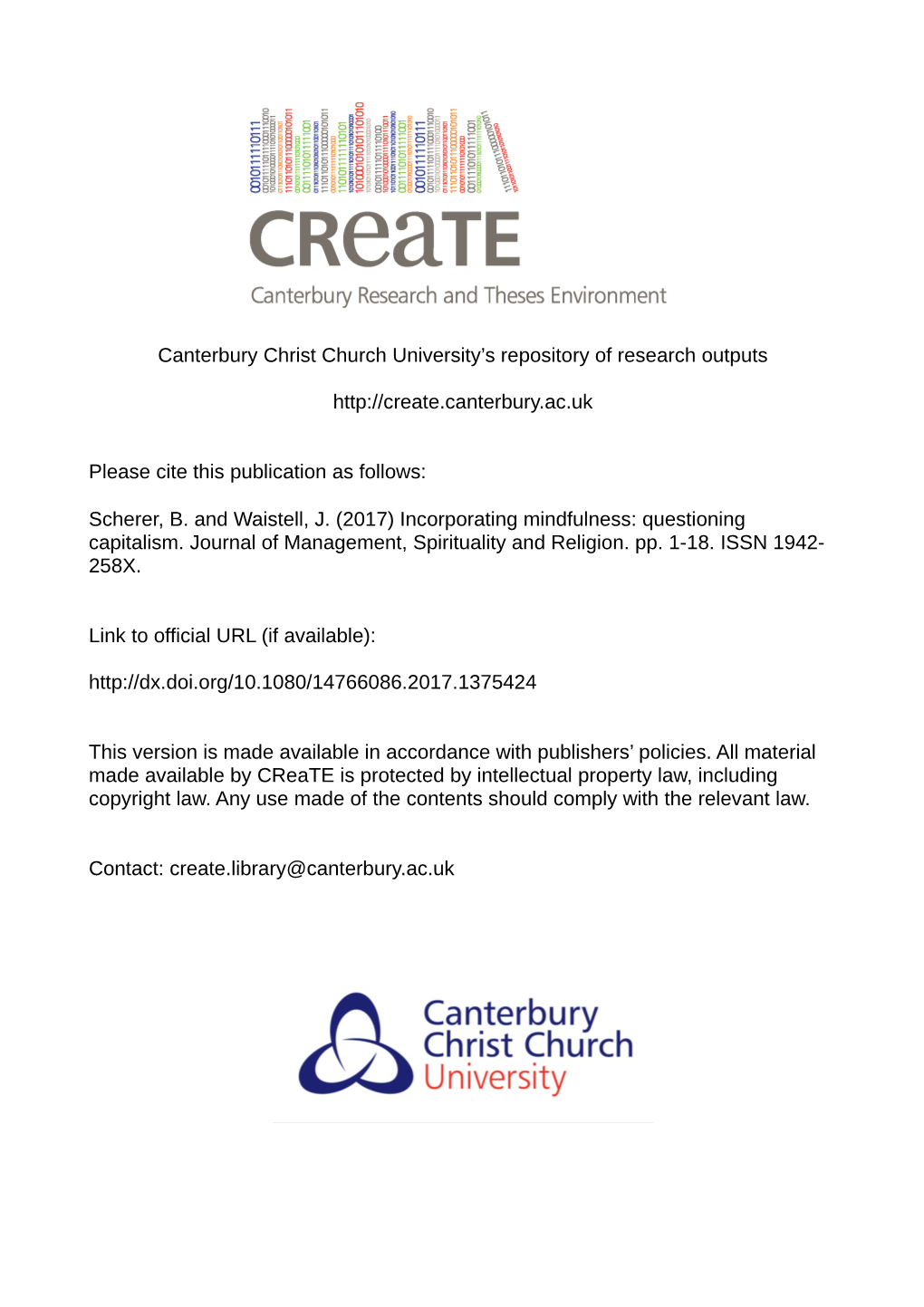 Canterbury Christ Church University's Repository of Research Outputs Http