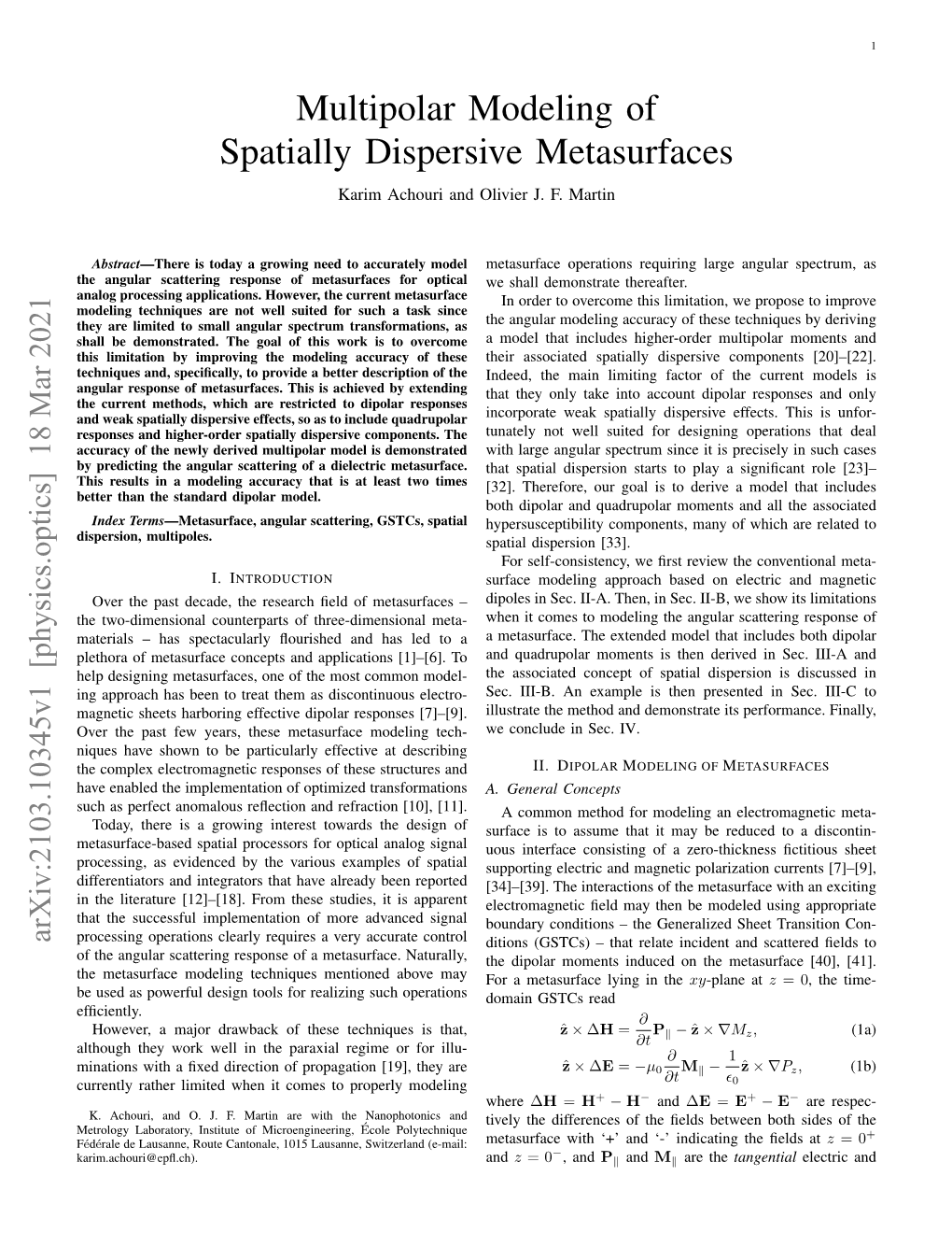 Multipolar Modeling of Spatially Dispersive Metasurfaces Karim Achouri and Olivier J