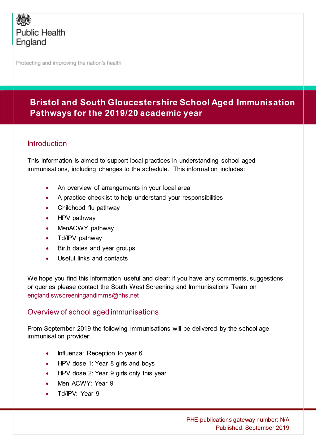 Bristol and South Gloucestershire 2019 School Imms