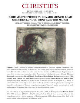 Rare Masterpieces by Edvard Munch Lead Christie’S London Print Sale This March