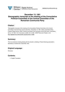 December 13, 1981 Stenographic Transcript of the Meeting of the Consultative Political Committee of the Central Committee of the Romanian Communist Party