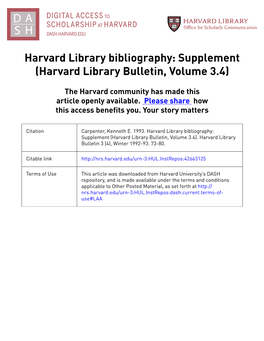 Harvard Library Bibliography: Supplement (Harvard Library Bulletin, Volume 3.4)