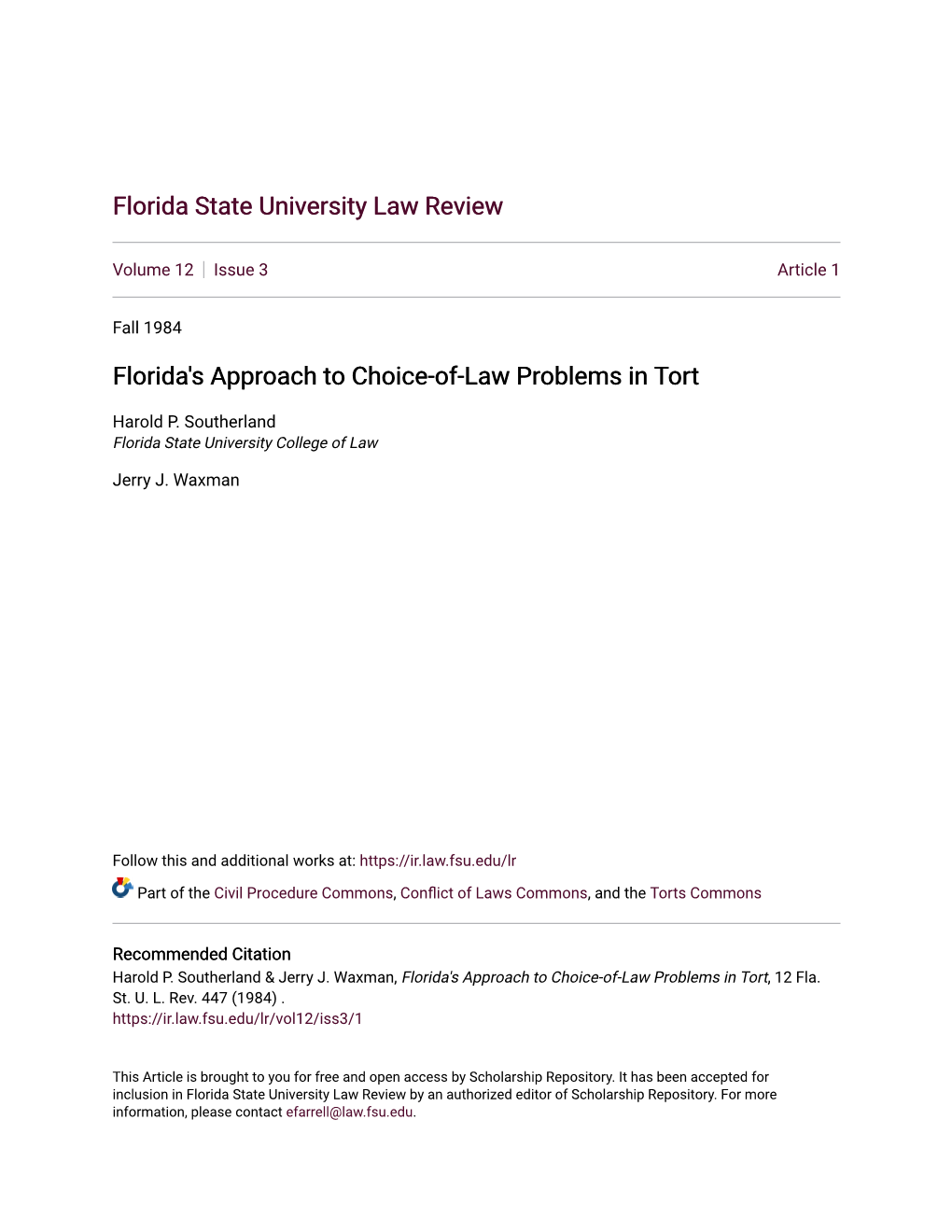 Florida's Approach to Choice-Of-Law Problems in Tort