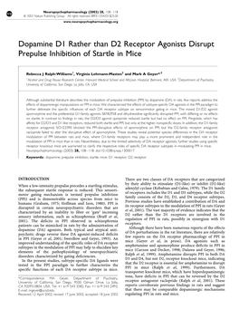 Dopamine D1 Rather Than D2 Receptor Agonists Disrupt Prepulse Inhibition of Startle in Mice