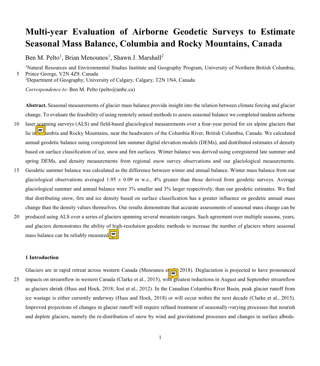 Multi-Year Evaluation of Airborne Geodetic Surveys to Estimate Seasonal Mass Balance, Columbia and Rocky Mountains, Canada Ben M