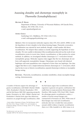 Assessing Clonality and Chemotype Monophyly in Thamnolia (Icmadophilaceae)