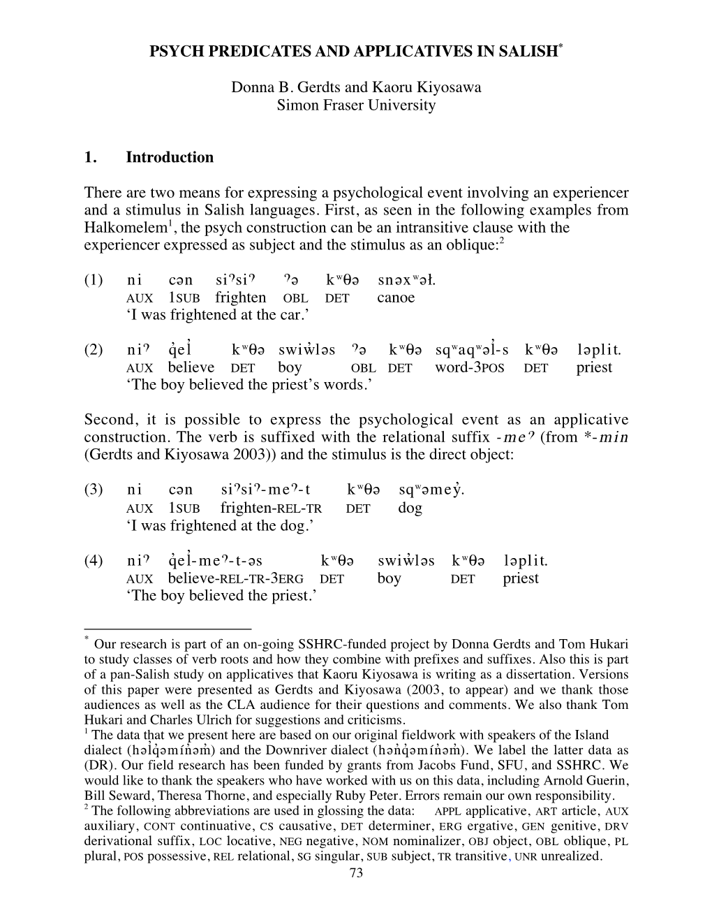 PSYCH PREDICATES and APPLICATIVES in SALISH* Donna