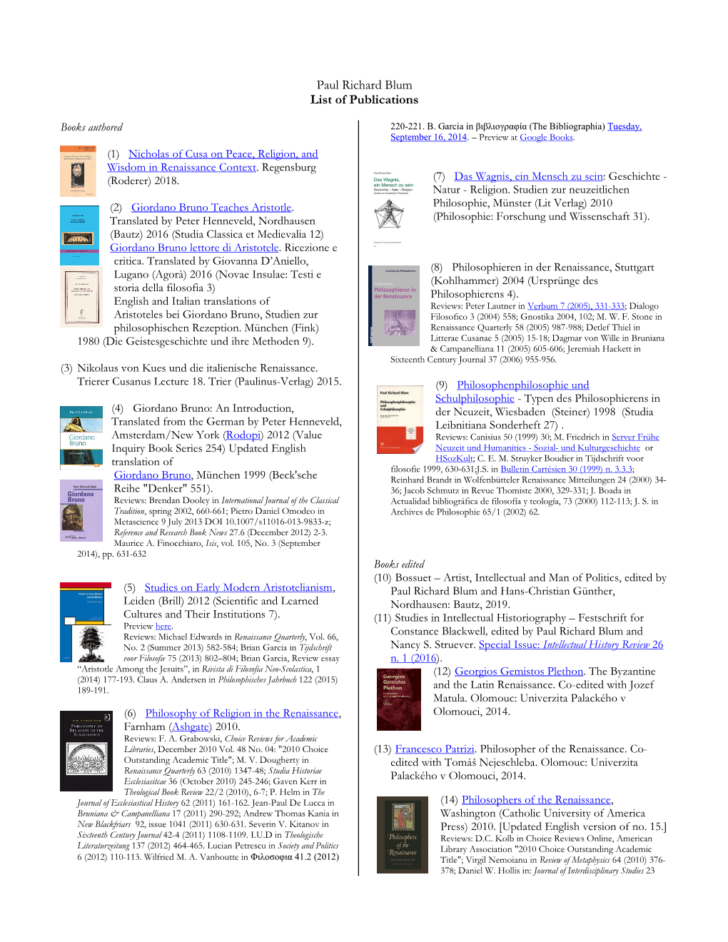 Paul Richard Blum List of Publications