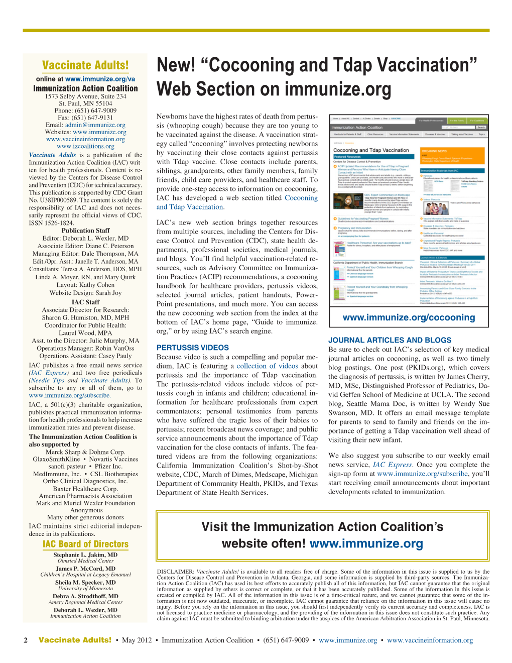 Cocooning and Tdap Vaccination Web Section on Immunize.Org