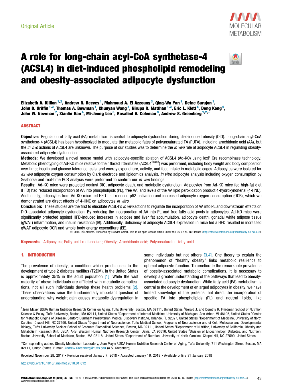 A Role for Long-Chain Acyl-Coa Synthetase-4 (ACSL4) in Diet-Induced Phospholipid Remodeling and Obesity-Associated Adipocyte Dysfunction