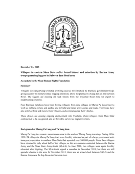 Villagers in Eastern Shan State Suffer Forced Labour and Extortion by Burma Army Troops Guarding Loggers in Salween Dam Flood Zone