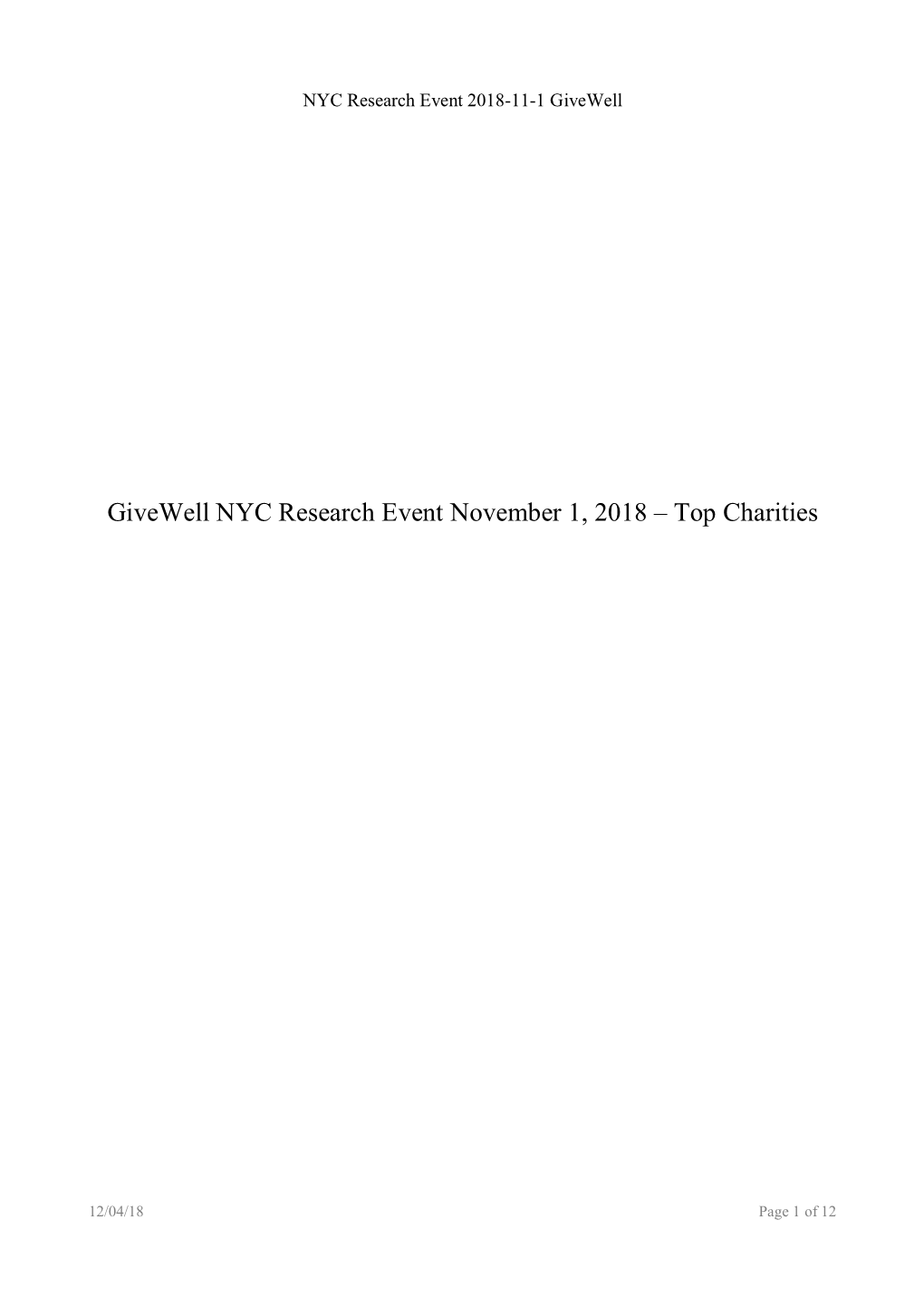 Givewell NYC Research Event November 1, 2018 – Top Charities