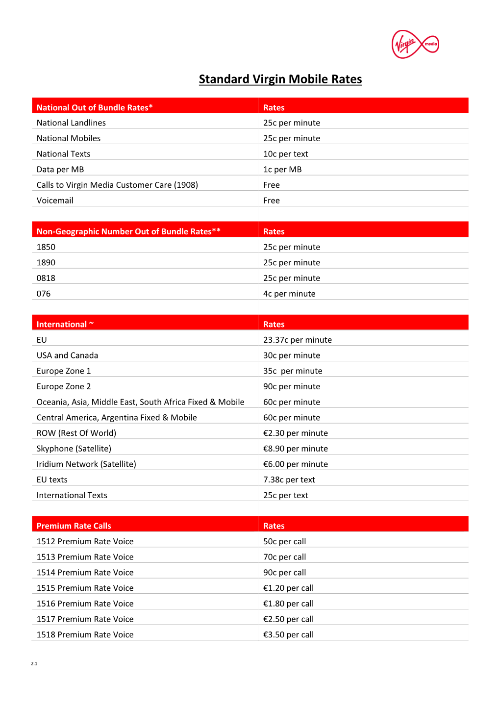 Standard Virgin Mobile Rates