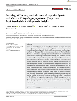Osteology of the Enigmatic Threadsnake Species Epictia Unicolor and Trilepida Guayaquilensis (Serpentes, Leptotyphlopidae) with Generic Insights