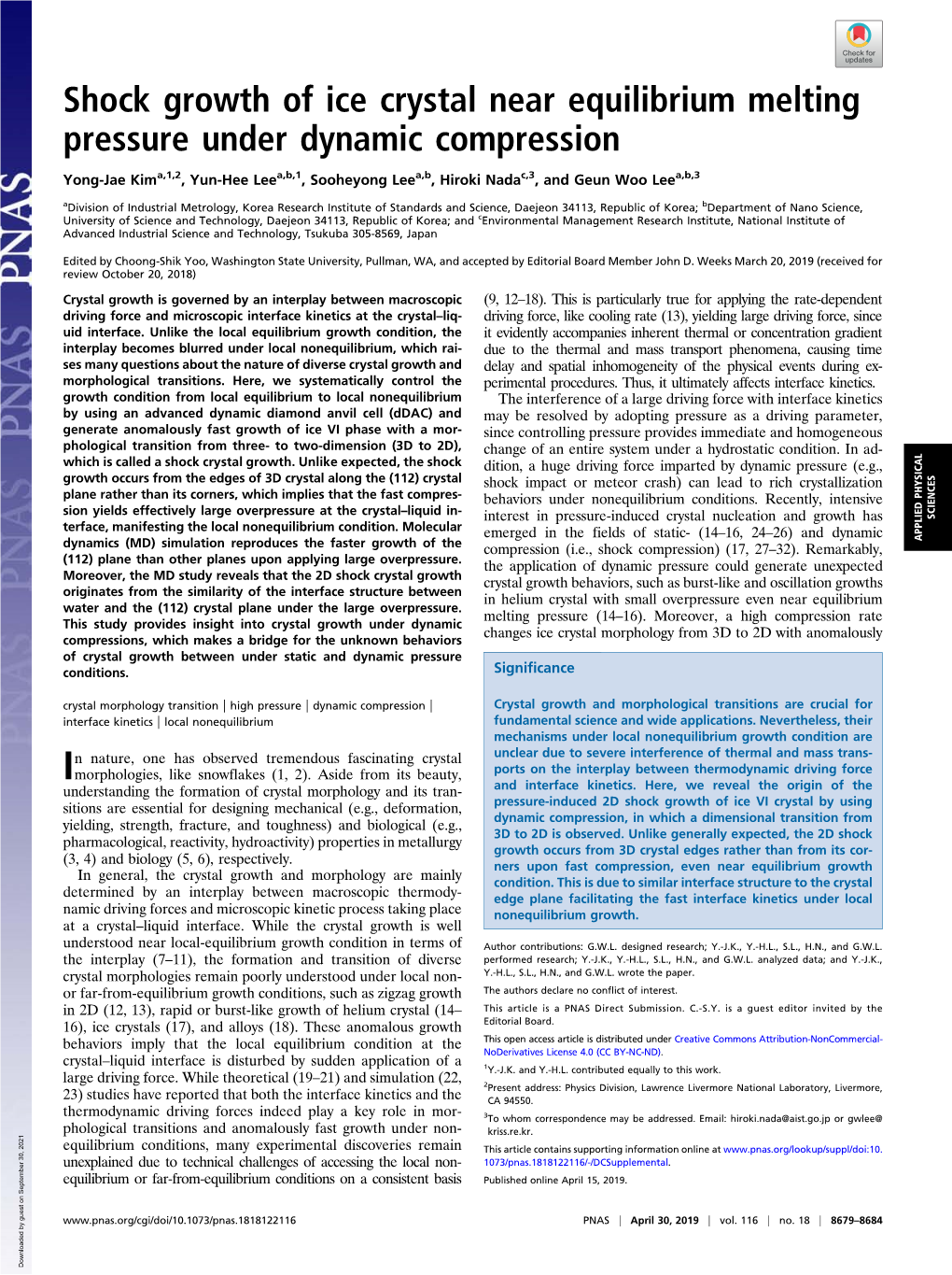 Shock Growth of Ice Crystal Near Equilibrium Melting Pressure Under Dynamic Compression