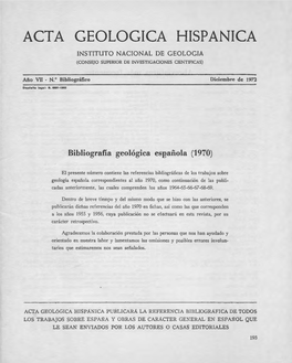 Acta Geologica Hispanica Instituto Nacional De Geologia (Consejo Superior De Investigaciones Cientificas)