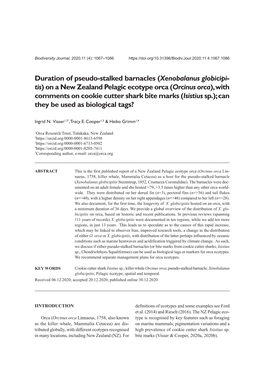 Duration of Pseudo-Stalked Barnacles (Xenobalanus Globicipi- Tis)