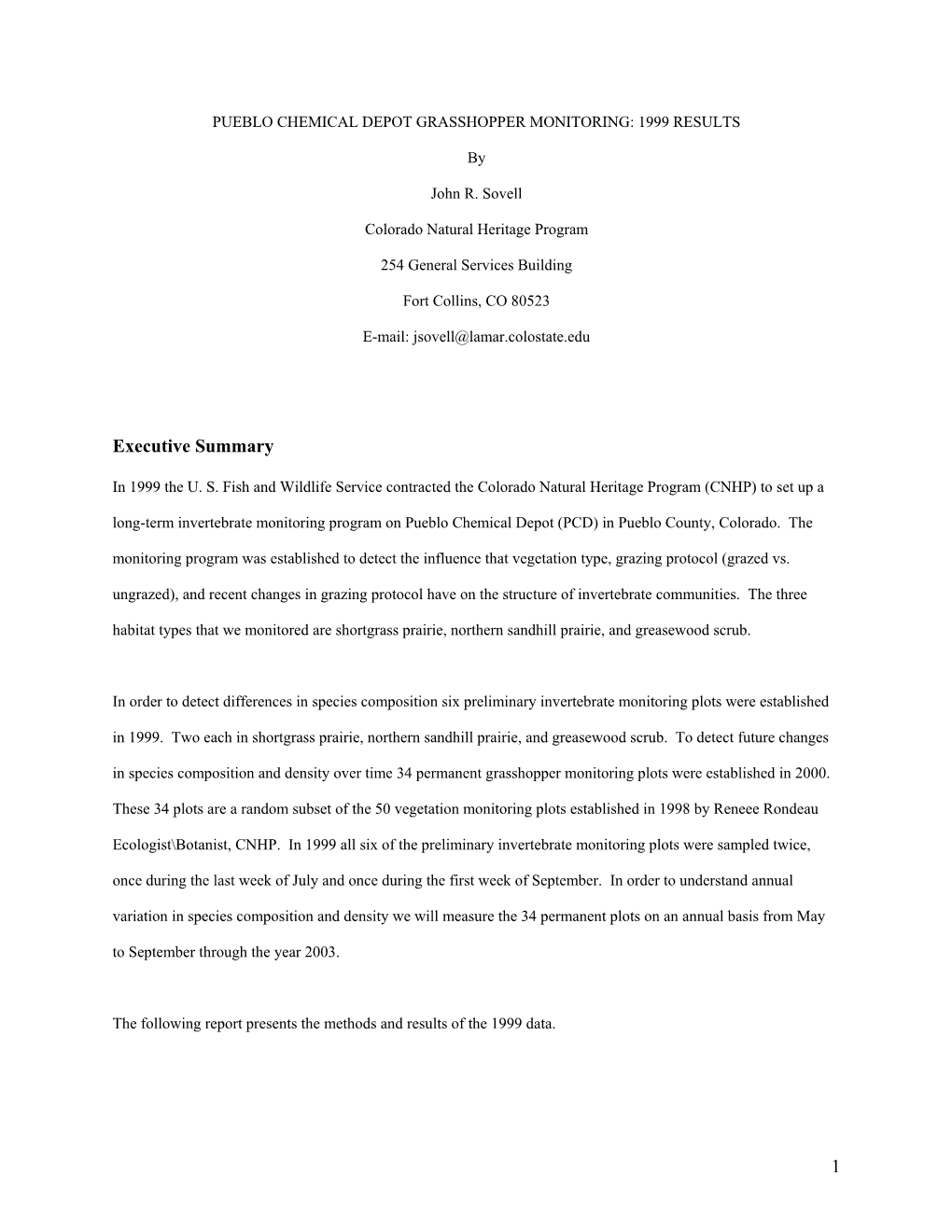 Pueblo Chemical Depot Grasshopper Monitoring: 1999 Results