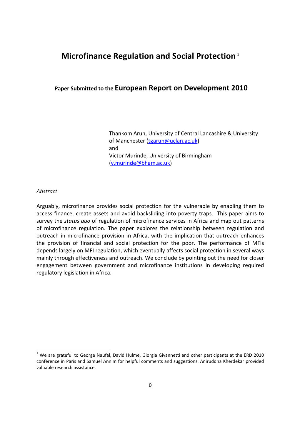 Microfinance Regulation and Social Protection 1