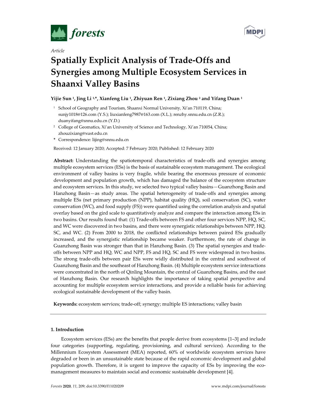 Spatially Explicit Analysis of Trade-Offs and Synergies Among Multiple Ecosystem Services in Shaanxi Valley Basins