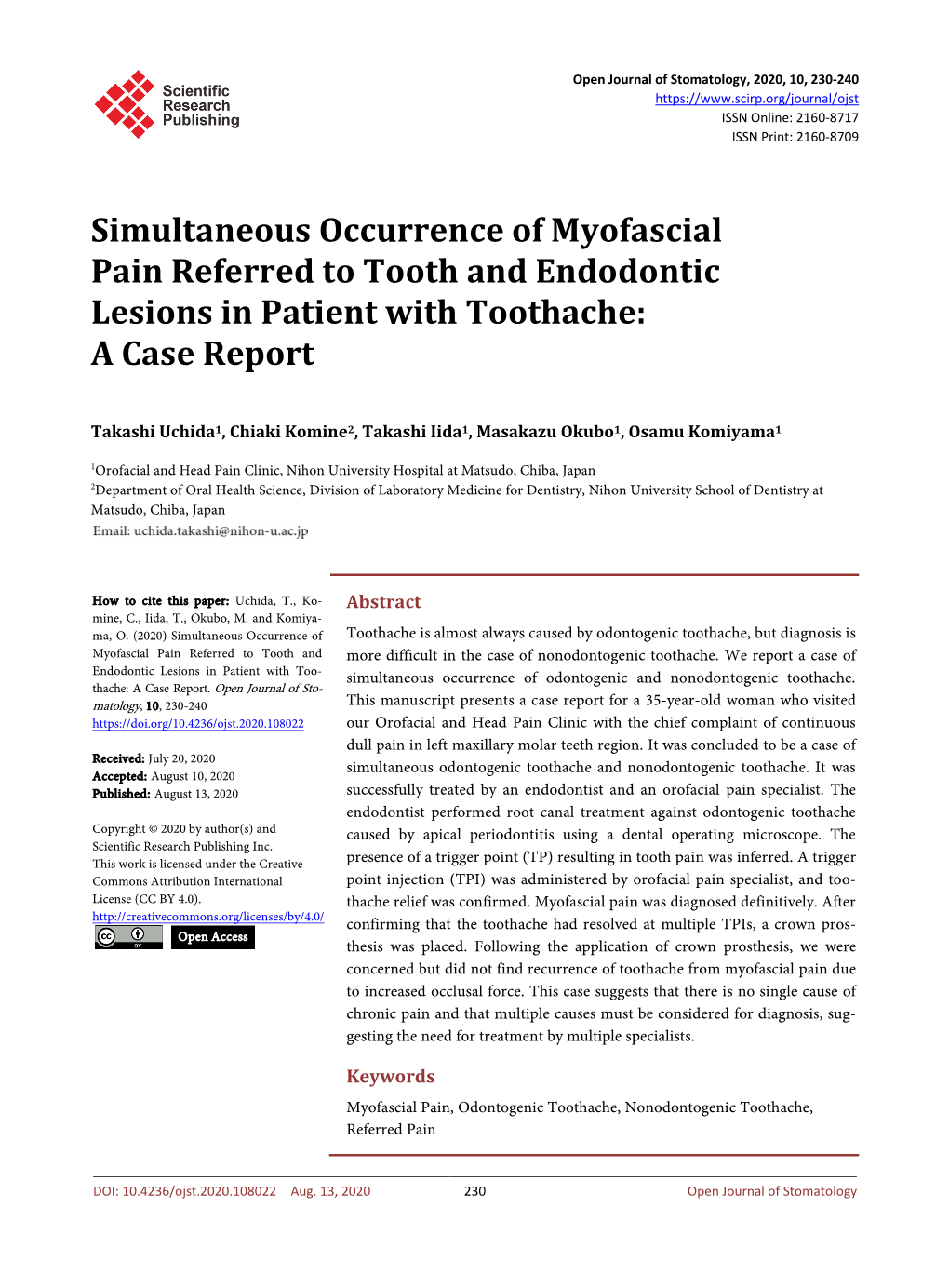 Simultaneous Occurrence of Myofascial Pain Referred to Tooth and Endodontic Lesions in Patient with Toothache: a Case Report