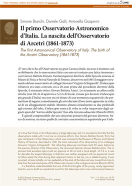 Il Primo Osservatorio Astronomico D'italia. La Nascita Dell