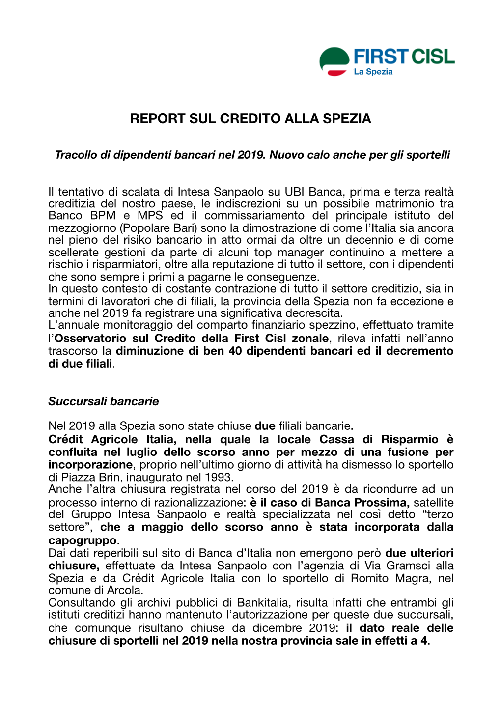 2020.Report Sul Credito Alla Spezia