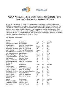 WBCA Announces Regional Finalists for DI State Farm Coaches' All-America Basketball Team