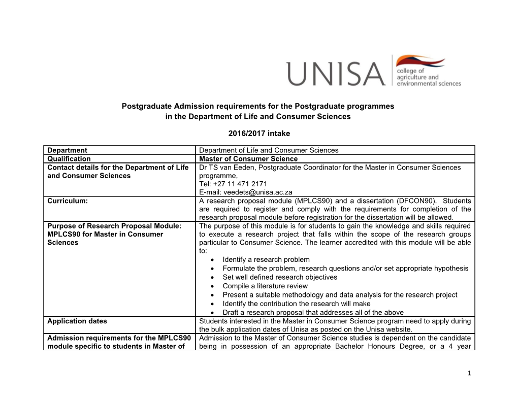 Postgraduate Admission Requirements for the Postgraduate Programmes in the Department s1