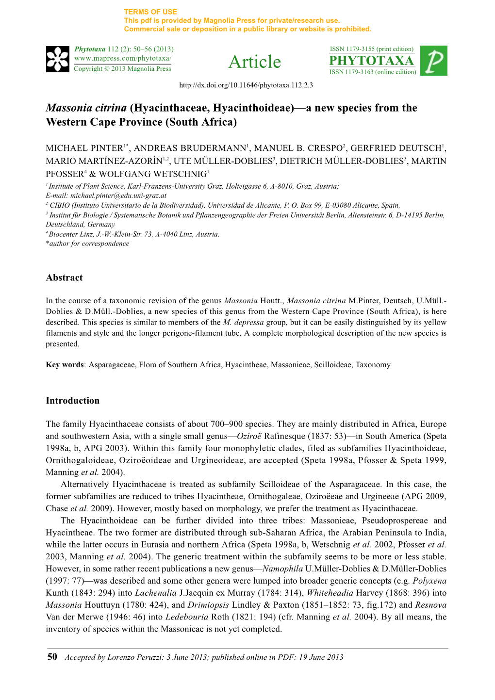 Massonia Citrina (Hyacinthaceae, Hyacinthoideae)—A New Species from the Western Cape Province (South Africa)