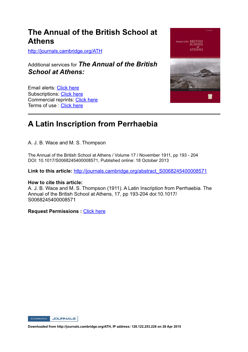 The Annual of the British School at Athens a Latin Inscription From