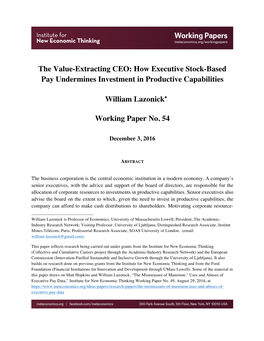 The Value-Extracting CEO: How Executive Stock-Based Pay Undermines Investment in Productive Capabilities