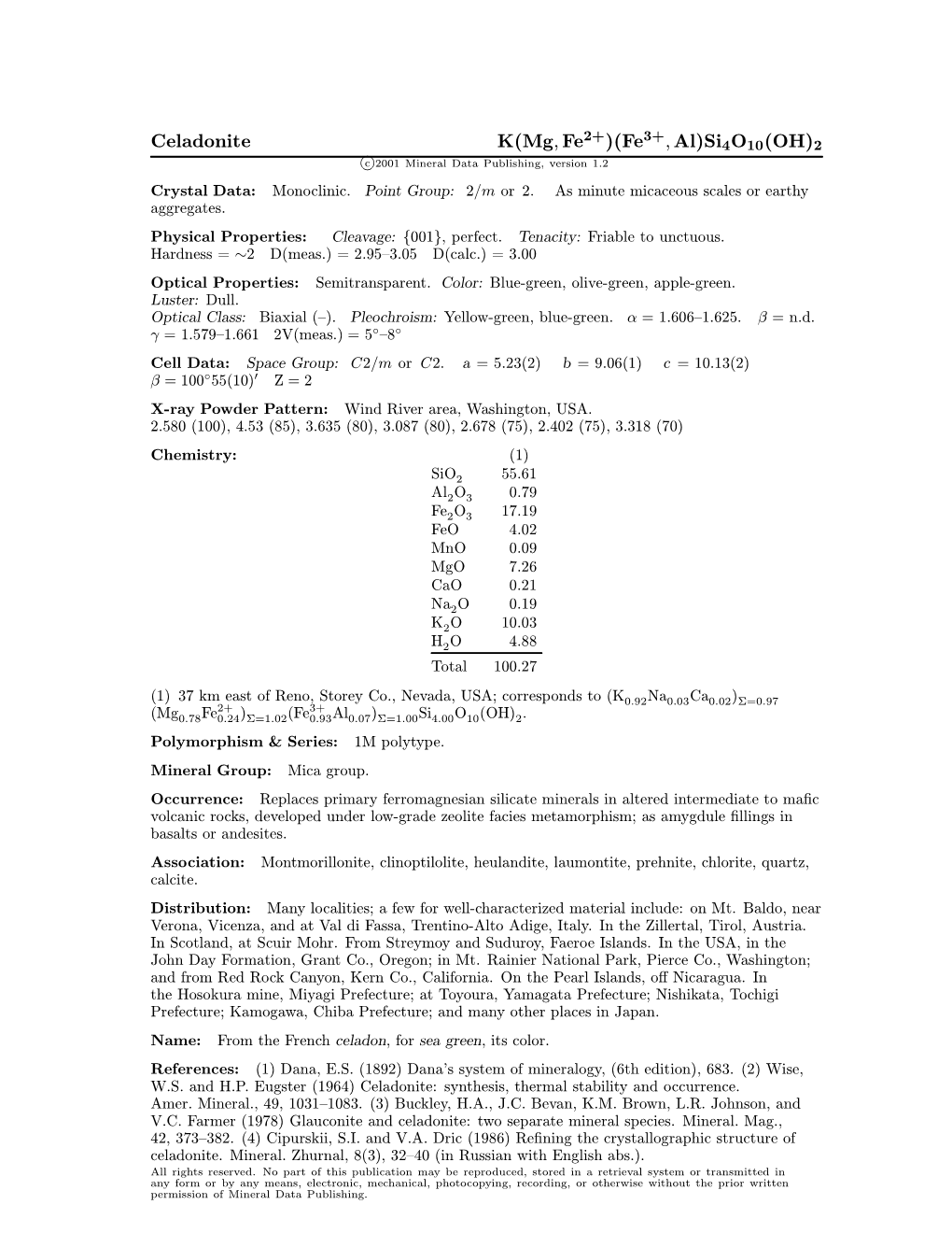 Celadonite K(Mg; Fe )(Fe ; Al)Si4o10(OH)2 C 2001 Mineral Data Publishing, Version 1.2 ° Crystal Data: Monoclinic