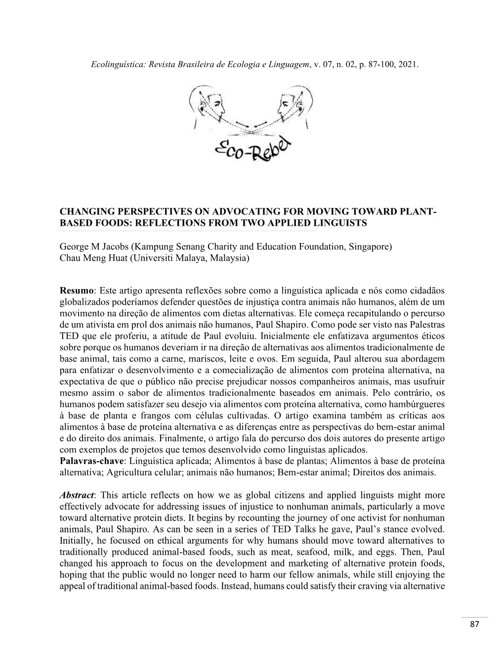 Changing Perspectives on Advocating for Moving Toward Plant- Based Foods: Reflections from Two Applied Linguists