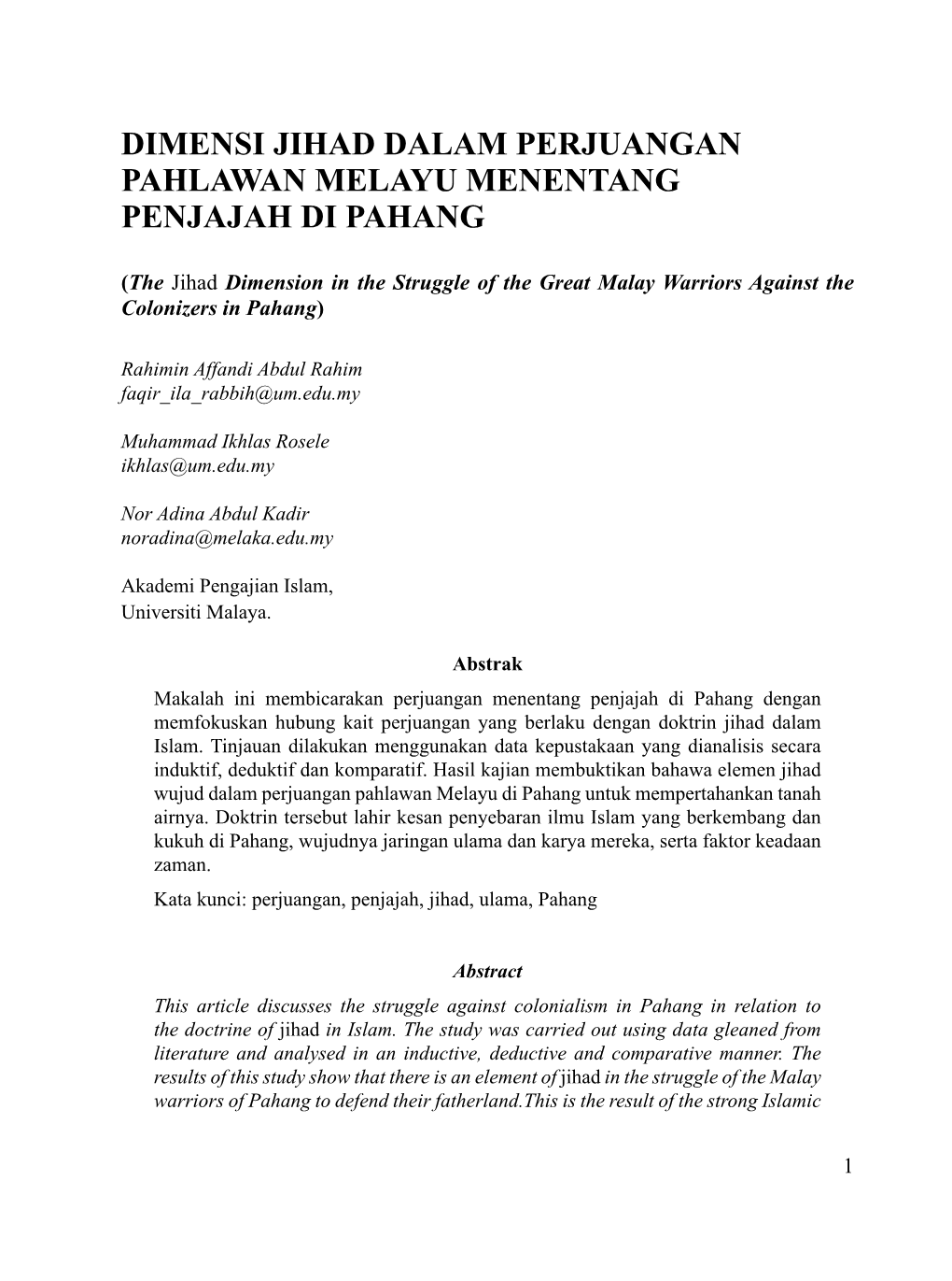 Dimensi Jihad Dalam Perjuangan Pahlawan Melayu Menentang Penjajah Di Pahang