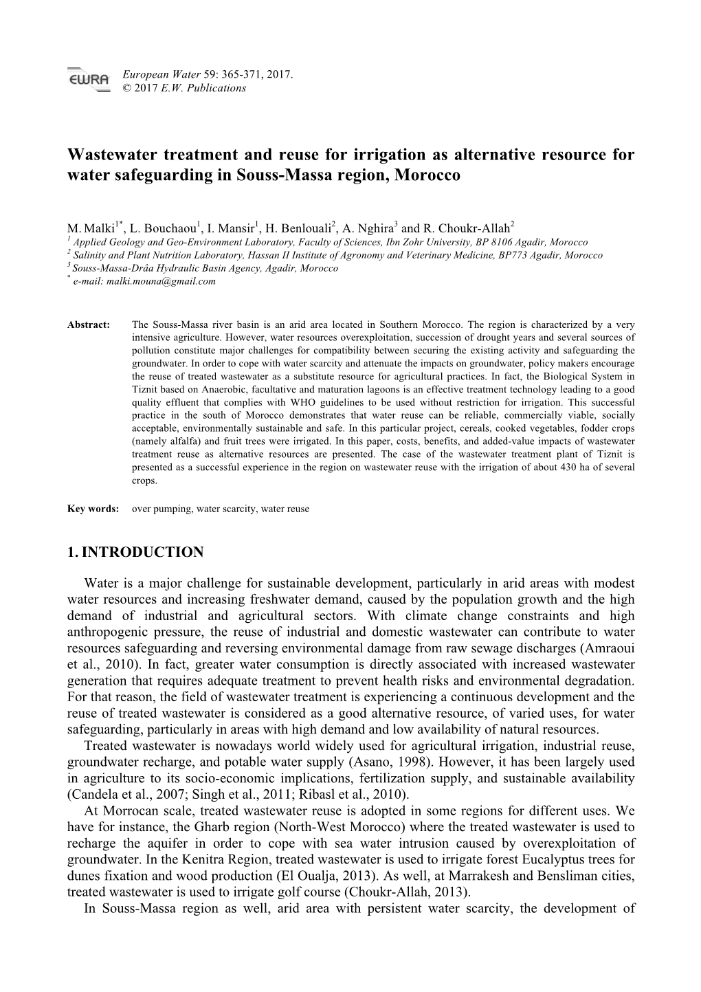 Wastewater Treatment and Reuse for Irrigation As Alternative Resource for Water Safeguarding in Souss-Massa Region, Morocco