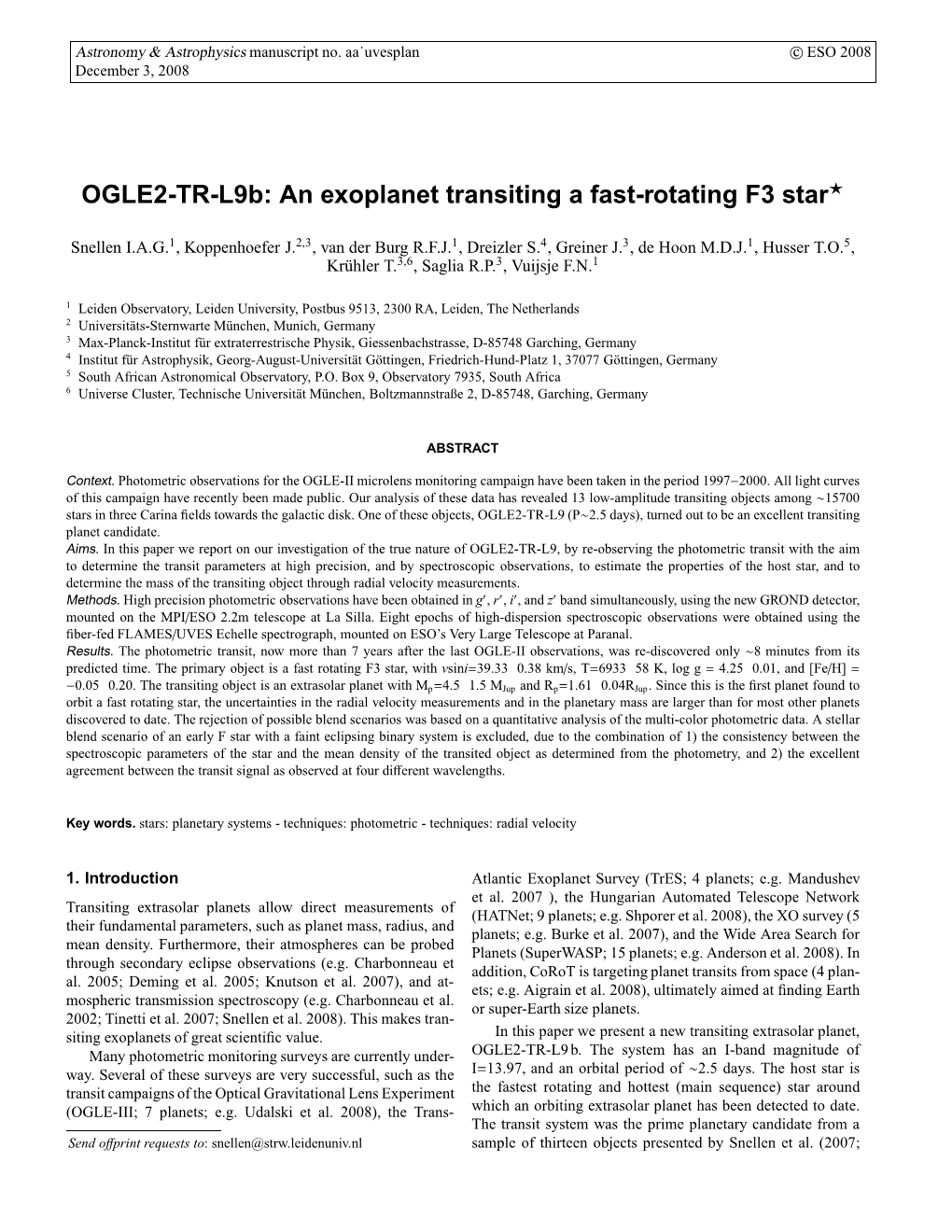 OGLE2-TR-L9b: an Exoplanet Transiting a Fast-Rotating F3 Star⋆
