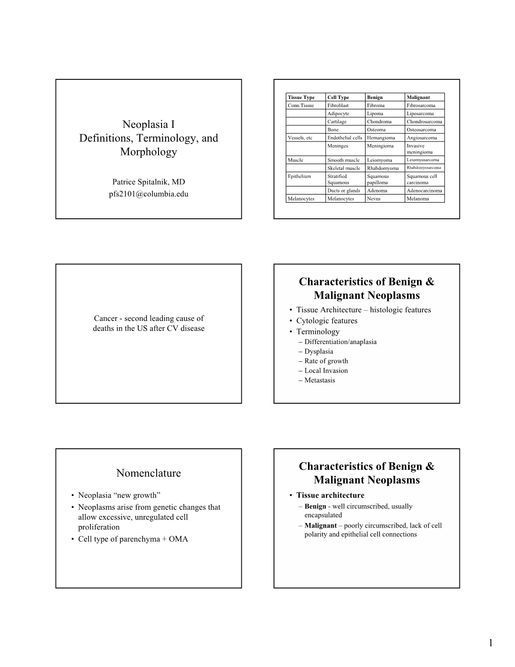 Neoplasia I Definitions, Terminology, and Morphology Nomenclature Characteristics of Benign & Malignant Neoplasms Characteri