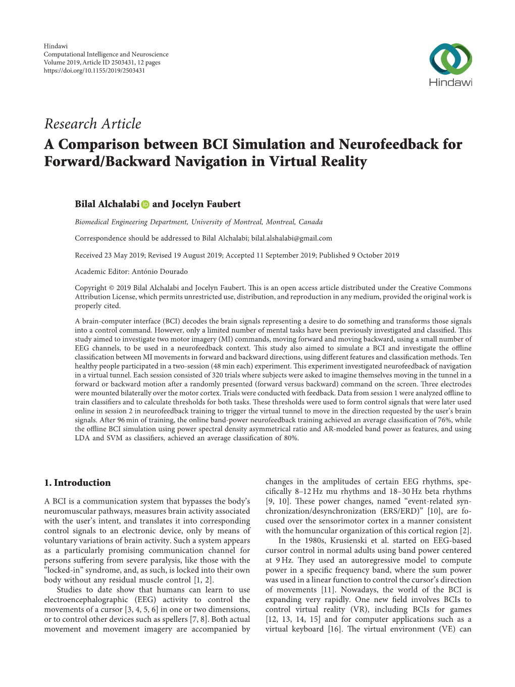 Research Article a Comparison Between BCI Simulation and Neurofeedback for Forward/Backward Navigation in Virtual Reality