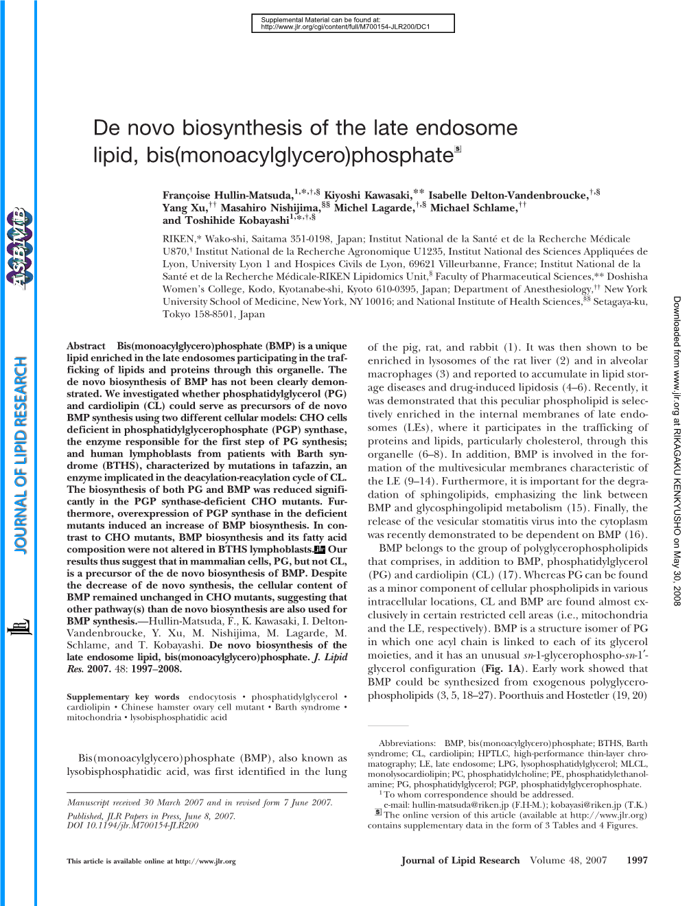 De Novo Biosynthesis of the Late Endosome Lipid, Bis(Monoacylglycero)Phosphate