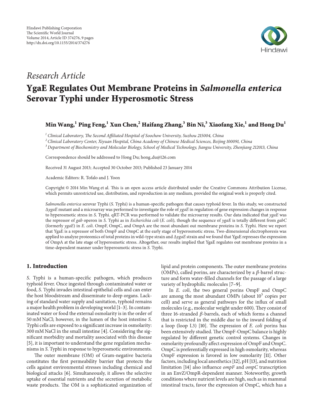 Ygae Regulates out Membrane Proteins in Salmonella Enterica Serovar Typhi Under Hyperosmotic Stress